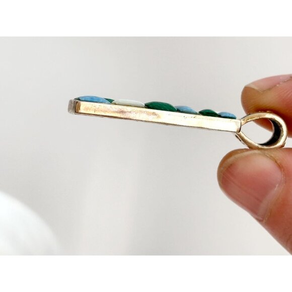 Geometric Malachite, Mother of Pearl & Blue Quartz 925 Sterling Vintage Pendant - Picture 4 of 10